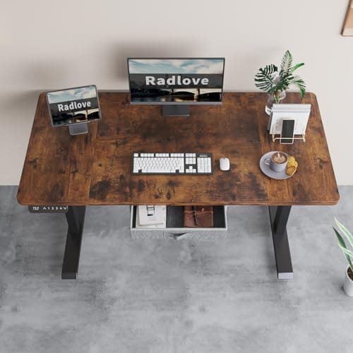 Radlove Dual Motors Height Adjustable 55 x 30'' Electric Standing Desk with Drawer Stand Up Table 4 Memory Keys, Computer Desk with Splice Board Home Office Desk, Rustic Brown Top + Black Frame 9