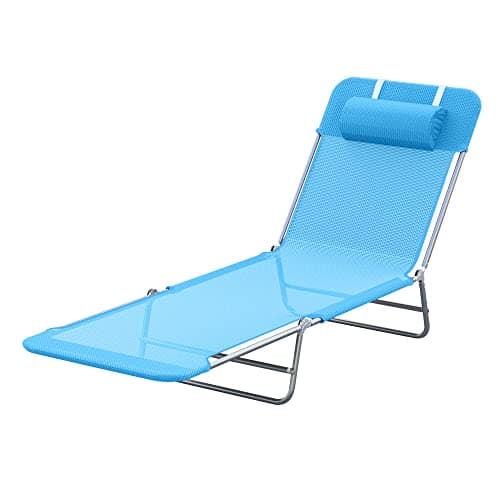Outsunny Folding Chaise Lounge Pool Chairs, Outdoor Sun Tanning Chairs with Pillow, Reclining Back, Steel Frame & Breathable Mesh for Beach, Yard, Patio, Blue