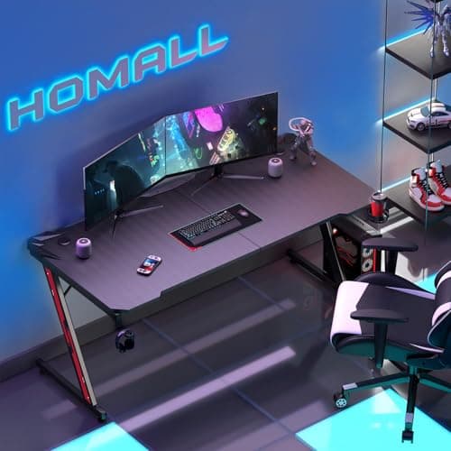 Homall Gaming Desk Computer Desk with Carbon Fiber Surface, Gaming Table Z Shaped PC Home Office with Cup Holder&Headphone Hook(63 in, Black) 5