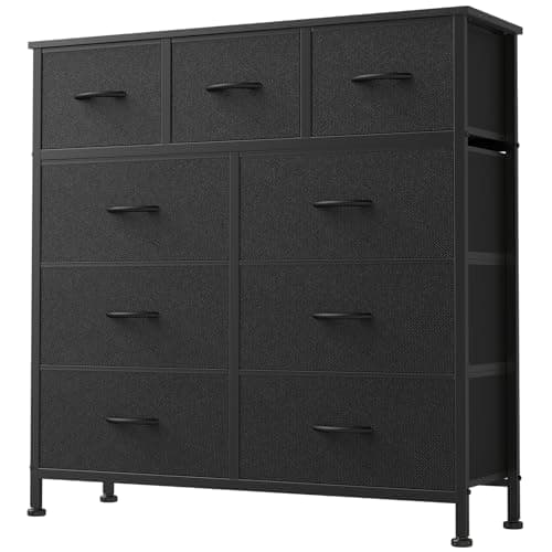 DUMOS 9 Drawer Dresser for Bedroom, Fabric Storage Organizer with Sturdy Metal Frame, Wooden Top Chest of Drawers for Closet Entryway Guest Room,Matte Black