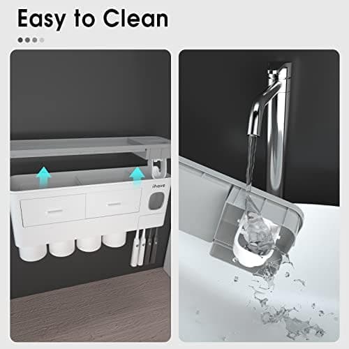 iHave Toothbrush Holders for Bathrooms, 4 Cups Toothbrush Holder Wall Mounted with Toothpaste Dispenser - Large Capacity Tray, 2 Cosmetic Drawer - Bathroom Organizer & Bathroom Accessories Set 8