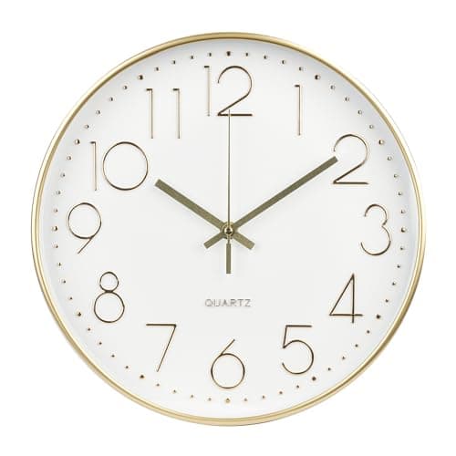 bakbrand Wall Clock 12 Inch Non-Ticking Silent Modern Simple Style Round Decor Clock Gold Stereoscopic Dial Quartz Wall Clocks for Home/Office/School/Living Room/Bedroom/Kitchen