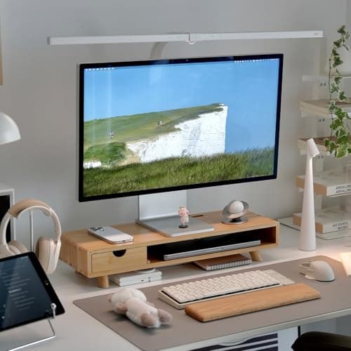 ROCDEER Bamboo Monitor Stand Riser with Drawer, Ergonomic Computer Riser for Desk with Cable Management & Storage Organizer, Wood Monitor Stand for Home Office