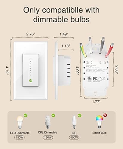 GHome Smart Dimmer Switch Works with Alexa Google Home, Single Pole 2.4GHz Wi-Fi Switch for Dimmable LED CFL INC Light Bulbs, Neutral Wire Required, Not 3 Way, No Hub Required, 4Pack 6