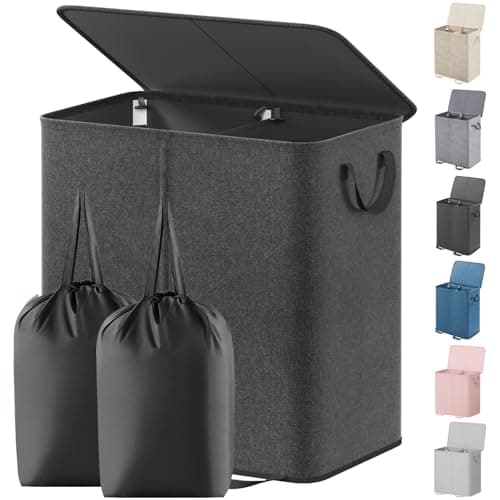 Lifewit Double Laundry Hamper with Lid and Removable Laundry Bags, Large Collapsible 2 Dividers Dirty Clothes Basket with Handles for Bedroom Laundry Room Closet Bathroom College, 136L Black