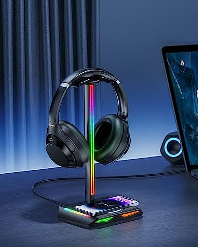 New Bee RGB Headphone Stand with 2 USB-C & 1 USB Charging Ports, Desk Gaming Headset Holder with 7 Light Modes and Non-Slip Rubber Base Suitable for All Earphone Accessories 6