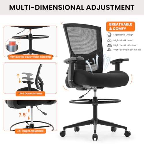 500lbs Drafting Chair,Tall Office Chair for Standing Desk with Wide Seat,2D Adjustable Lumbar Support,Ergonomic Office Chair with Footrest for Home,Drawing or Counter Height Use 5