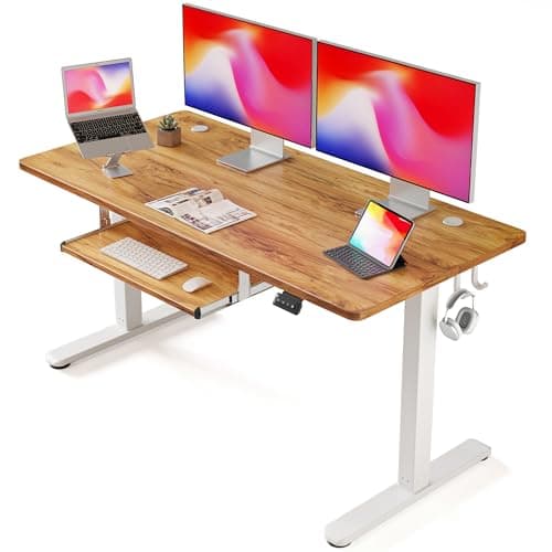 FEZIBO Standing Desk with Keyboard Tray, 55 x 24 Inch Adjustable Height Sit Stand Desk with Memory Presets for Home Office, Ergonomic Computer Workstation, Light Rustic