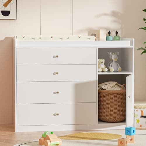 QUNTTINA Nursery Dresser Changing Table Dresser with Changing Table Top Baby Diaper Changing Station with 5 Drawers for Infants Chest Storage Changing Station Nursery Organizer,White