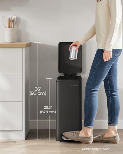 SONGMICS Slim Trash Can, 13-Gallon (50 L) Garbage Can for Narrow Spaces with Soft-Close Lid, Inner Bucket, and Step-on Pedal, Stainless Steel, 15 Trash Bags Included, Black ULTB510B48 7