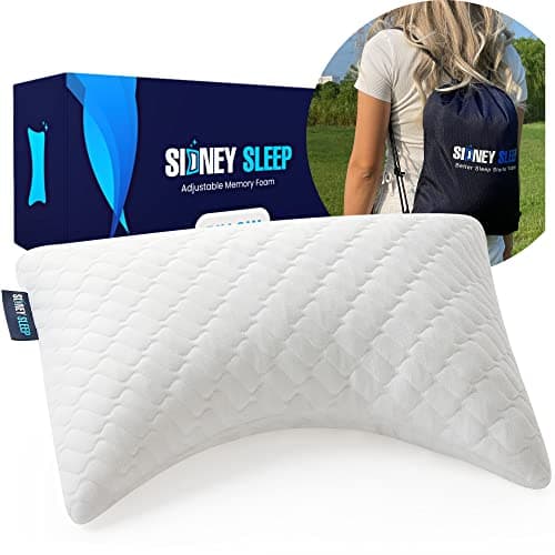 Sidney Sleep Mini Travel Size Neck Pillow - Knee, Back Lumbar and Support - Small Curved Pillow - 14 x 19 Inches - Adjustable Loft - Washable - Drawstring Backpack Included (White)