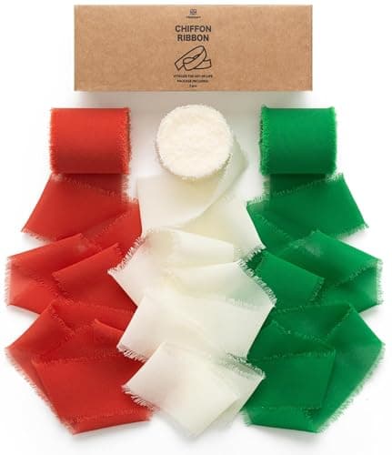 Vitalizart Christmas Handmade Chiffon Silk Ribbon Fringe 1.5" x 21 Yd Frayed Edges Ribbons for Wedding Invitations Bridal Bouquets Gifts Wrapping Crafts Holiday Decorations Red Green White