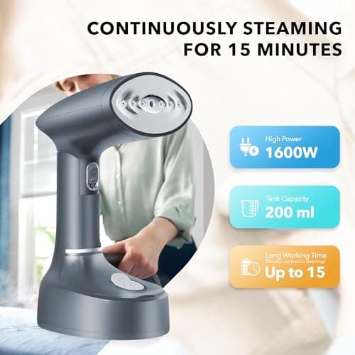 Tejoe Steamer for Clothes,Fast Heat-up & Wrinkle Removal Handheld Steam Garment Steamer, Portable 1600W,200ml Tank Clothes Steamer,and Convenient for Home & Travel Use,Suitable for All Fabrics(Grey) 5