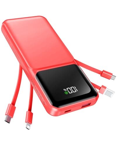 RONEGN Portable Charger with Built in Cable -20000mAh Fast Charging Power Bank USB C Slim 22.5W LED Display Battery Pack 5 Outputs & 3 Inputs for Travel Essentials iPhone Samsung Phones Red