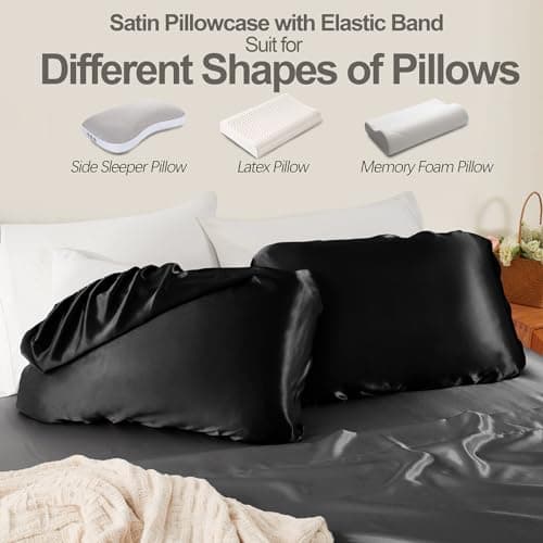 SiinvdaBZX Black Satin Pillowcase Standard/Queen Size Set of 2, Silky Travel Elastic Band Satin Pillow Case for Hair and Skin, Soft Portable & Fit for Various Pillow 5