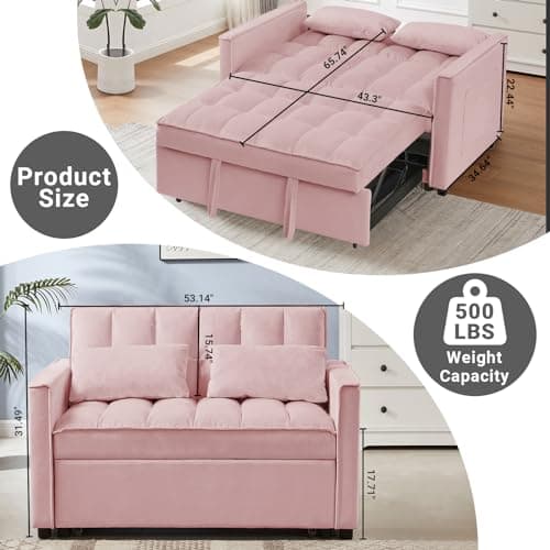 Skepphlay Convertible Couch, Loveseat Sleeper with 3-Level Adjust Backrest, Pull Out Sofa Bed Recliner with Storage Pockets, Pink 7
