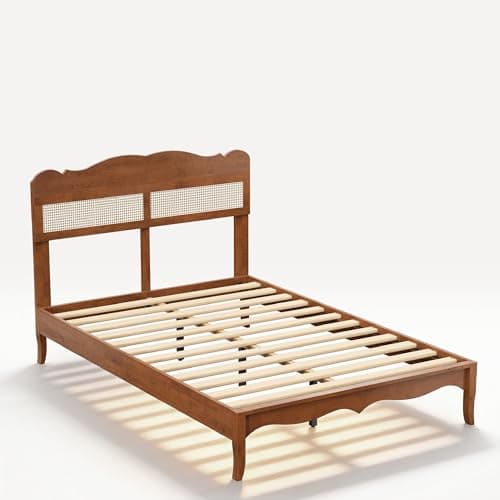 MFSTUDIO Queen Wood Bed Frame with Headboard, Rattan Bed Frames Solid Wooden Platform Bedframe Mid Century,No Box Spring Needed,Sturdy Natural Finish Classic Noise Free 9