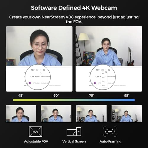 NearStream 4K Webcam for Streaming - Noise Canceling Mic, 45°-95°Adjustable FOV, Auto Focus, AI Framing, Software Control, Plug&Play, Works with Zoom/Teams/Skype/Google Meet 6