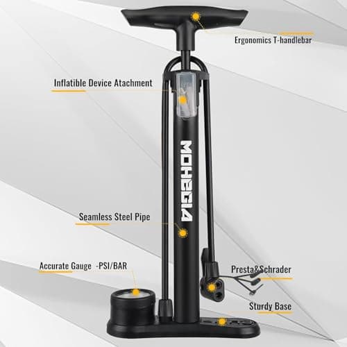 MOHEGIA Bike Floor Pump with Gauge,Air Bicycle Pump Inflator with High Pressure 160 PSI,Fits Schrader and Presta Valve 6