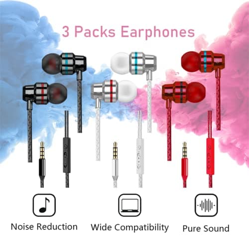 3 Pack Wired Earbuds, Wired in-Ear Headphones with Microphone and Volume Control, Noise Isolation, Pure Sound, Lightweight 3.5mm Earbuds Compatible with Samsung, Tablets, Laptops, MP3 and etc. 6