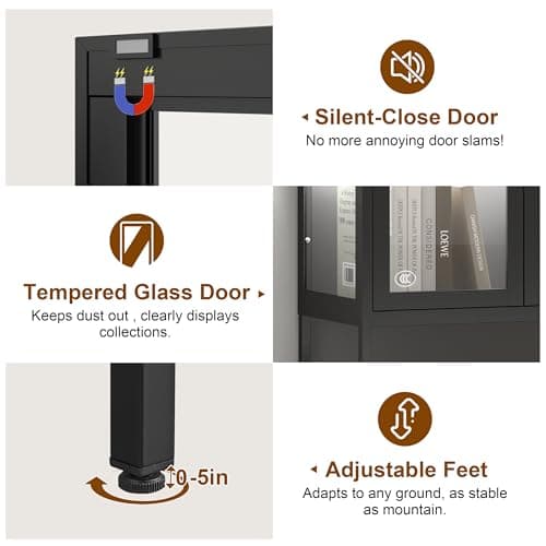 UNICOLY Display Cabinet with Glass Doors, Glass Display Cabinet with 8 Color LED Lights, Curio Display Cabinet with 3 Shelves for Living Room, Plant, Display Shelf, Assembly Required, Black 6