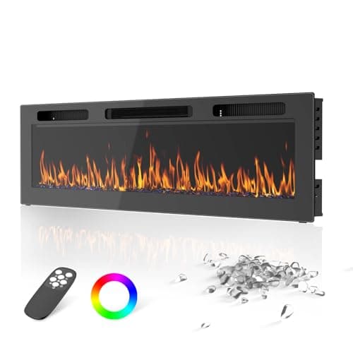 60” Electric Fireplace Recessed and Wall Mounted, 750/1500W Ultra-Thin Linear Fireplace Heater with Remote Control, 12 Adjustable Flame Color & Speed & Brightness, Timer, Low Noise, Touch Screen