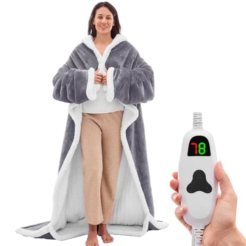 greenoak Wearable Heated Blanket Electric Snuggle - Heated Blanket with Foot Pocket and Sleeves for Adult, Winter for Mom Women 5-Position Timer 10-Heating Levels,50 * 70",Grey