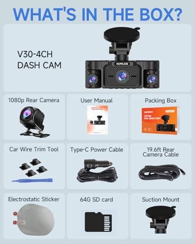 HUPEJOS Dash Cam Front and Rear, 360 Dgree View 4 Channel Dash Camera for Cars 2K FHD, Mini Dashcam Built-in WiFi, Car Camera Free 64GB Card, Voice Control, Night Vision,WDR,24/7 Parking Mode, V30-4CH 8