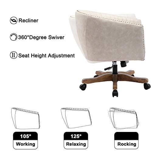 Guyou Retro Barrel Swivel Home Office Desk Chair for Heavy Duty, Upholstered Ergonomic Accent Arm Chair with Luxurious Nailheads and Pleated Mid-Back, Beige in Faux Leather 5