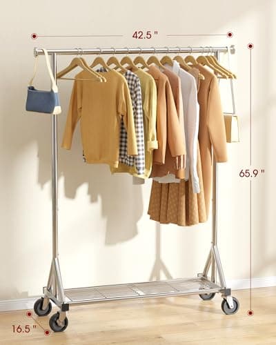 Sakugi Heavy Duty Stainless Steel Rolling Clothes Rack with Mesh Shelf, Lockable Wheels & Anti-Slip Stoppers, Large Capacity Clothing Organizer for Bedroom, Laundry Room, 42.5" x 16.5" x 65.9", Silver 7