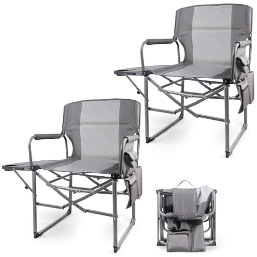 NATUREKIT 2 Pack Camping Chairs, Heavy Duty Directors Chair,Outdoor Lawn Chairs,Adults Folding Chairs with Side Table and Storage Pockets for Ouside Camping, Lawn, Sports Fishing and Picnic, Grey