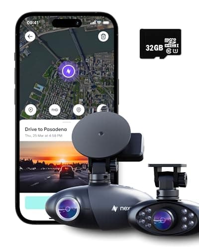 Nexar Pro Dual Dash Cam 1080p FHD Front and Interior Cameras AI Crash Detection 24H Parking Mode Night Vision and Unlimited Cloud Backup Includes 32GB SD Card and 1-Year Nexar App Subscription