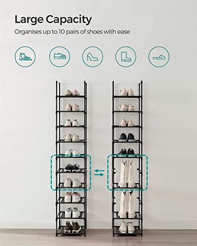 SONGMICS Shoe Rack, 10-Tier Shoe Shelf, Shoe Storage Organizer, 13 x 13 x 68 Inches, Metal Frame, Non-Woven Fabric Shelves, for Entryway, Bedroom, Black ULSR110B02 5