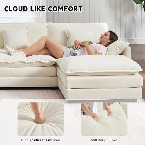 GNIXUU 76.7" Loveseat Sofa with Ottoman, Chenille Modern Cloud Love Seat Couch with Deep Seat, Luxury Modular L-Shaped Couches for Living Room Bedroom Apartment, Small Place(Beige White). 6