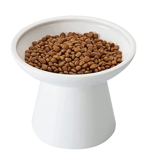 CEEFU Extra Wide Elevated Ceramic Cat Bowl - 6.2" Shallow Dish for Whisker Fatigue Relief, 5" Height for Easy Feeding, Lead & Cadmium Free, Durable Raised Cat Food Bowls, White
