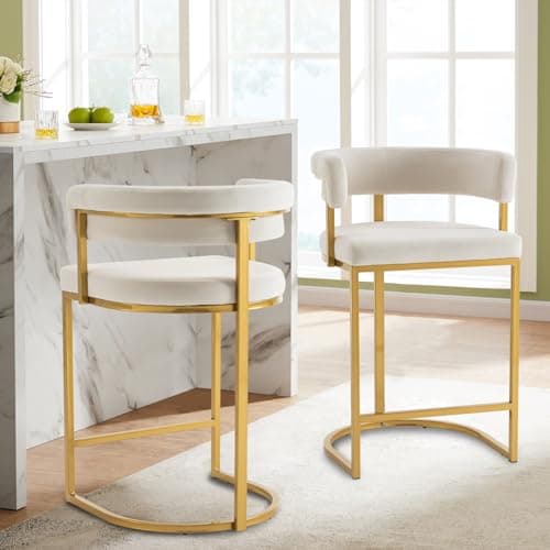 Rongbuk Set of 2 Beige Modern Velvet Bar Stools with Barrel Backrest, Upholstered Seat, and Gold Metal Footrest – 25.6-Inch Seat Height, Ideal for Counters, Home Bars, and Kitchen Islands