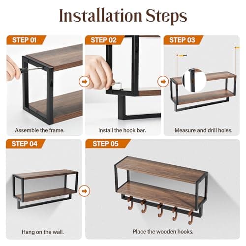 Orapoke Wall Shelf with Hooks, 2 Tier Coat Rack Wall Mount with Shelf for Entryway Farmhouse Living Room, 5 Wooden Decorative Wall Hooks for Hanging Coat Jackets Hats Towel Key (16.5") 5