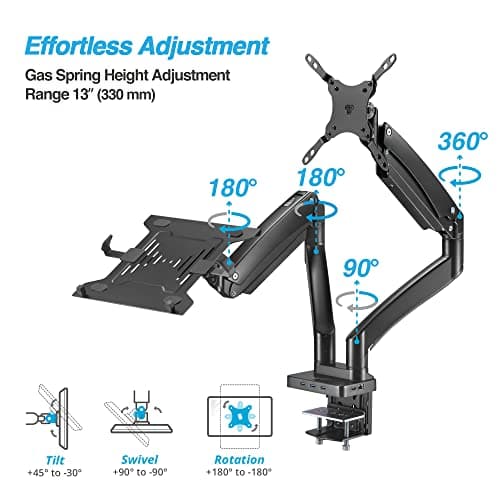 AVLT Dual 17”-43" Monitor Arm Desk Mount with 15" Laptop Tray and USB-C Docking Station, HDMI 4K60Hz, USB-A 5Gbps, Ethernet, 100W PD, Fits Two Flat/Curved Monitor - Black 5