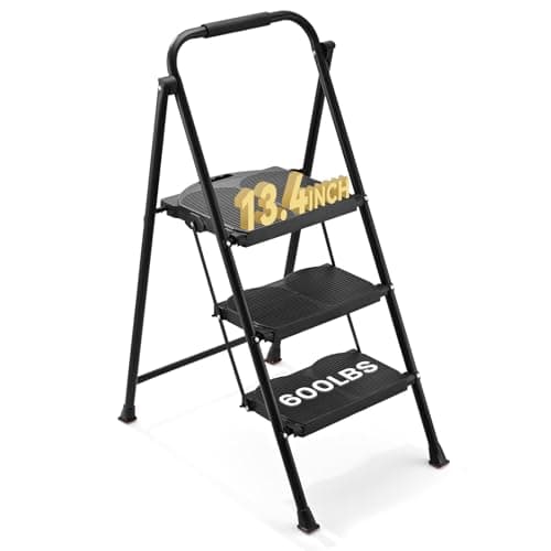 600lbs 3 Step Ladder,Folding Step Stool with Wide Anti-Slip Pedal, Heavy Duty Sturdy Steel Ladder with Handgrip,Portable Steel Step Stool for Home Kitchen Library Office (Matte Black)