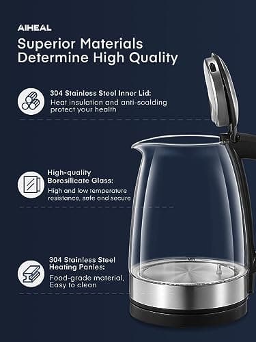 Electric Kettle, Aiheal Glass Kettle Temperature Control With 5 Colors LED Lights Variable, Keep Warm, Fast Boiling Electric Kettle, Stainless Steel Inner Lid & Bottom, 1.7L 6