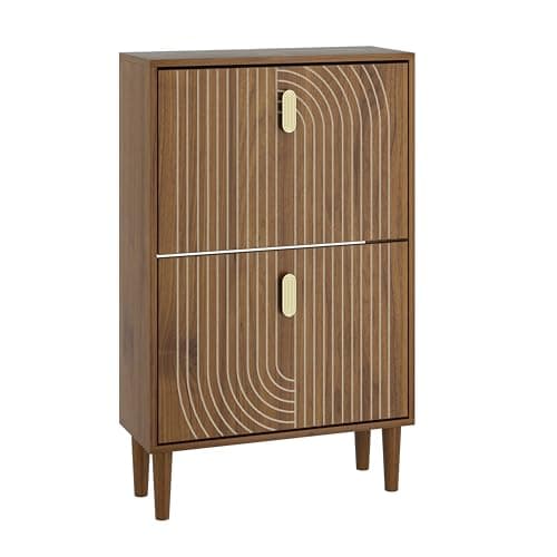 Smuxee Shoe Cabinet with 2 Flip Drawers, 23.6" Walnut Hidden Shoe Storage Cabinet with Line Groove Design, Freestanding Shoe Organizer Cabinet for Entryway, Hallway, Living Room 8