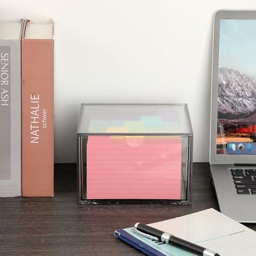 BTSKY Clear 3 x 5 Inch Index Card Storage Drawer Plastic Index Card Box for Office Desk Notecard Box Recipe Flashcards Holder , Recipe Notecard Storage Box Photo Holder Organizer 9