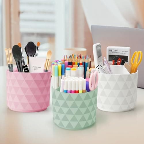 Nuozme Desk Organizer, 360-Degree Rotating Pencil Pen Holders For Desk, Diamond Pattern Pen Organizer With 5 Compartments, Cute Desk Accessories Decor For Office, School,Home,Art Supply (White) 8