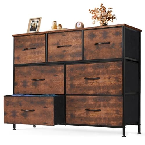 NEWBULIG Fabric Storage Tower Dresser with 7 Drawers TV Stand Organizer Sturdy Steel Frame Wood Top for Closet Bedroom Hallway,Brown