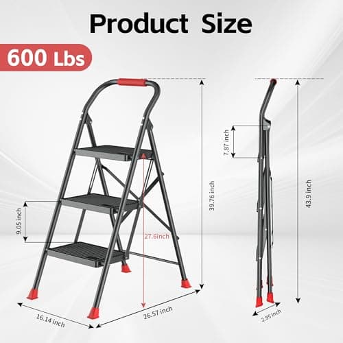 Step Ladder Foldable Folding Stool - for Home Adults Kitchen 3 Stepping Extension Tall Heavy Duty with Handrails - Closet Stepstool Stair Ladders Extendable Stepladder for Indoor House 600Lbs 7