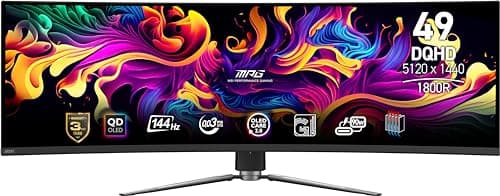 MSI MPG 491CQP QD-OLED, 49 Curved OLED Gaming Monitor, 5120 x 1440 (DQHD), OLED 0.03ms Response time, 144Hz, True Black HDR 400, HDMI, DP Port, USB Type C, Tilt, Height (Renewed)