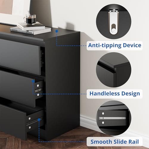 Cozy Castle 52'' Black Dresser for Bedroom, Modern 6 Drawer Dresser, Wood Chest of Drawers with Deep Drawers, Wide Storage Cabinet for Living Room, Hallway Entryway 6