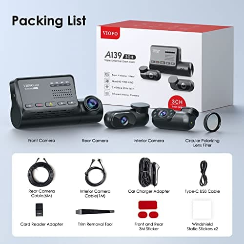 VIOFO 3 Channel Dash Cam Front and Rear Inside, 1440P+1080P+1080P Triple Car Camera, Built in WiFi GPS Car Dashboard Camera Recorder, (A139) (Renewed) 8