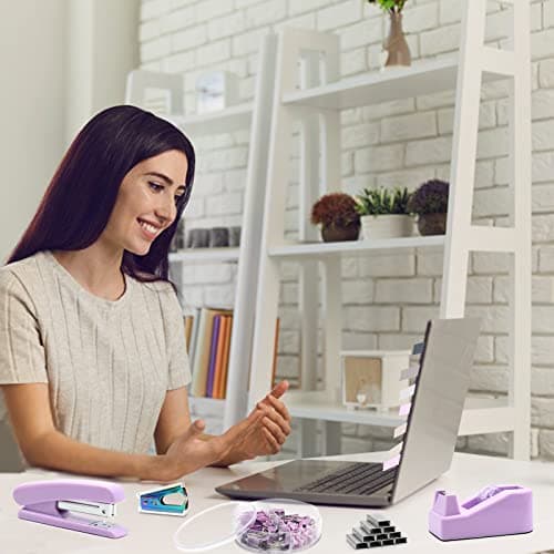 Purple Office Supplies Set, UPIHO Stapler and Tape Dispenser Set, Office Desk Accessories Kit with Stapler, Tape, Remover, Staples, Clips, Scissor and Tabs for Women, Clerks… 7