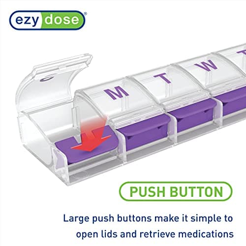 EZY DOSE Weekly (7-Day) Pill Case, Medicine Planner, Daily Vitamin Organizer Box, X-Large Push-Button Compartments, Convenient and Easy to Use, Arthritis Friendly, Clear Lids, Color May Vary, BPA Free 6